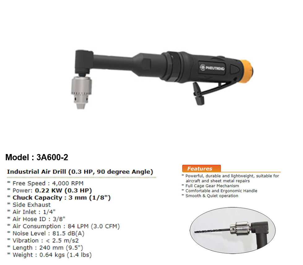 Industrial Air Drill (0.3 HP, 90 degree Angle) (4,000 RPM)