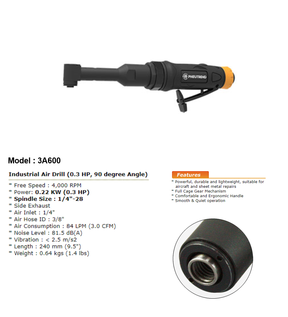 Industrial Air Drill (0.3 HP, 90 degree Angle) (4,000 RPM)