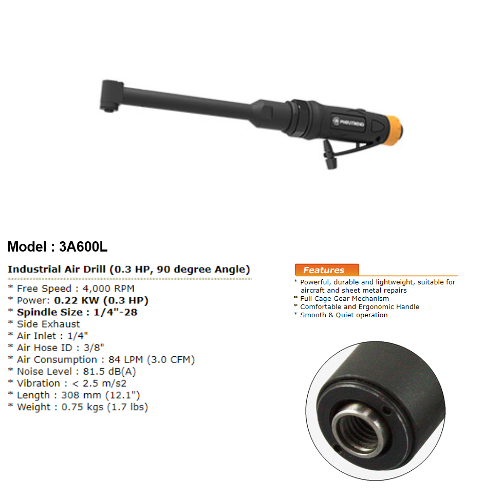 Industrial Air Drill (0.3 HP, 90 degree Angle) (4,000 RPM)